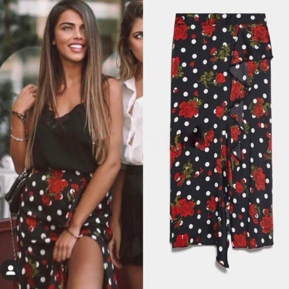 Zara Dresses & Skirts - Floral Polka Dot Wrap Midi Skirt Red Roses Ruffle High Waist Vintage Style XS